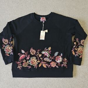 Johnny Was Black Sweatshirt with Pink and Yellow Floral Embroidery